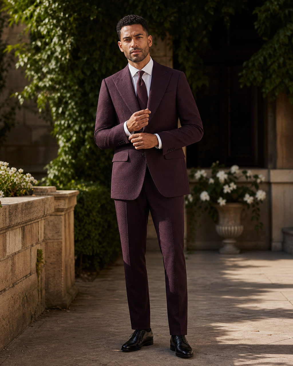 Deep Plum Seersucker Outdoor Wedding Suit — Custom Made to Measure front view
