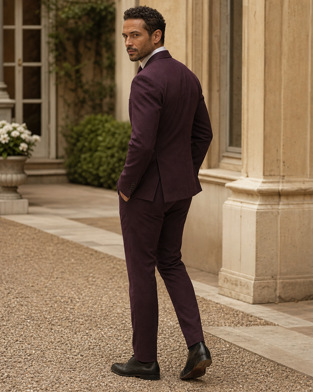 Deep Plum Seersucker Outdoor Wedding Suit — Custom Made to Measure side back view