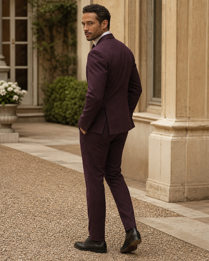 Deep Plum Seersucker Outdoor Wedding Suit — Custom Made to Measure side back view