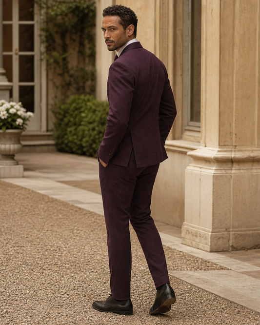 Deep Plum Seersucker Outdoor Wedding Suit — Custom Made to Measure side back view
