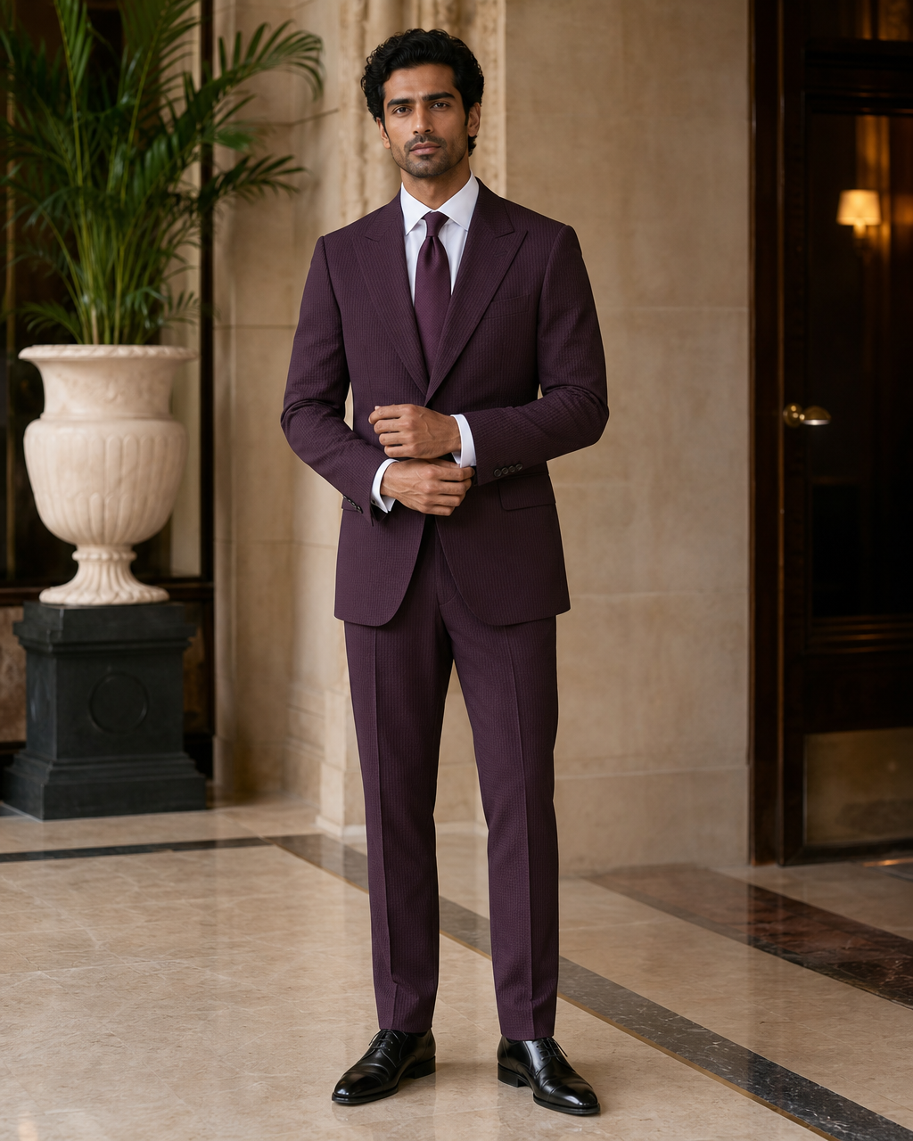 Deep Plum Seersucker Summer Suit - Custom Made to Measure front view