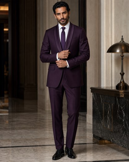 Deep Plum Silk Blend Shawl Lapel Suit - Custom Made to Measure front view