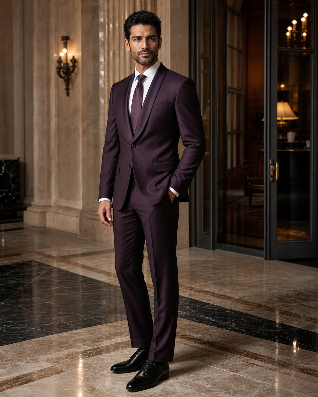 Deep Plum Silk Blend Shawl Lapel Suit - Custom Made to Measure side back view