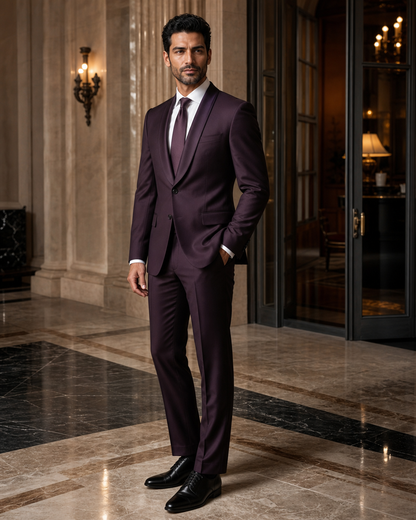 Deep Plum Silk Blend Shawl Lapel Suit - Custom Made to Measure side back view