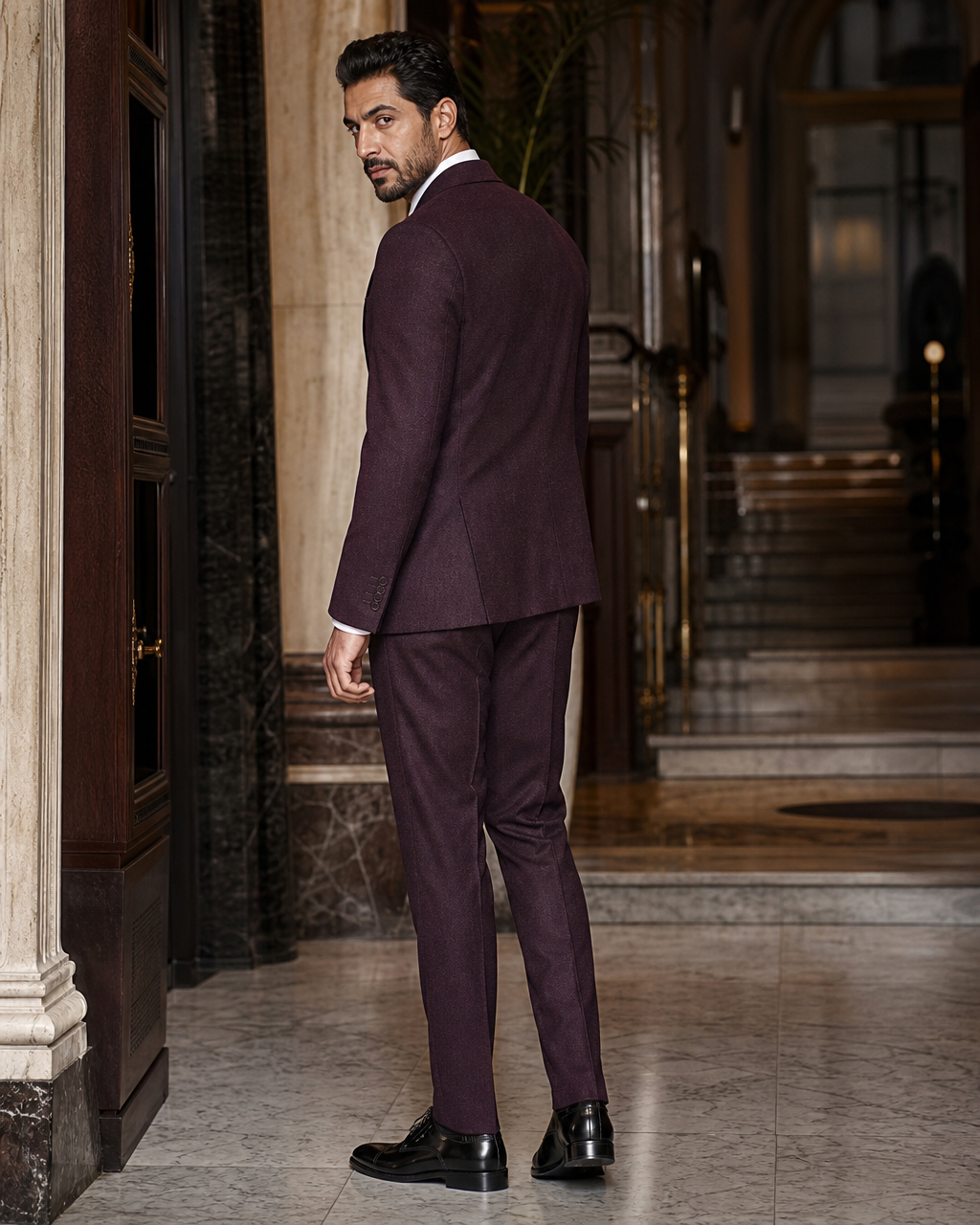 Deep Plum Tweed Winter Suit - Custom Made to Measure side back view