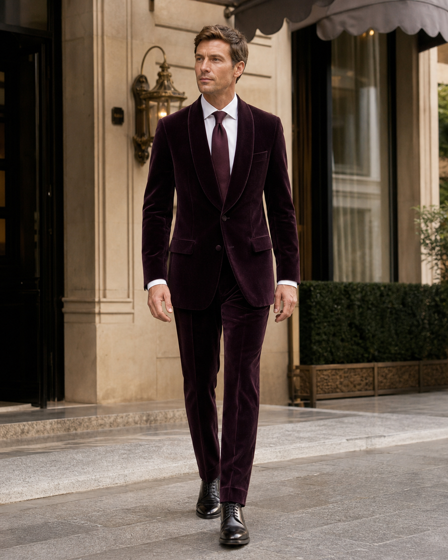Deep Plum Velvet Shawl Lapel Suit — Custom Made to Measure