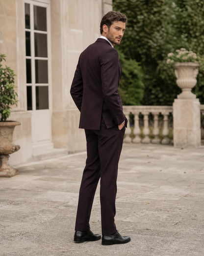 Deep Plum Wool Outdoor Wedding Suit — Custom Made to Measure side back view