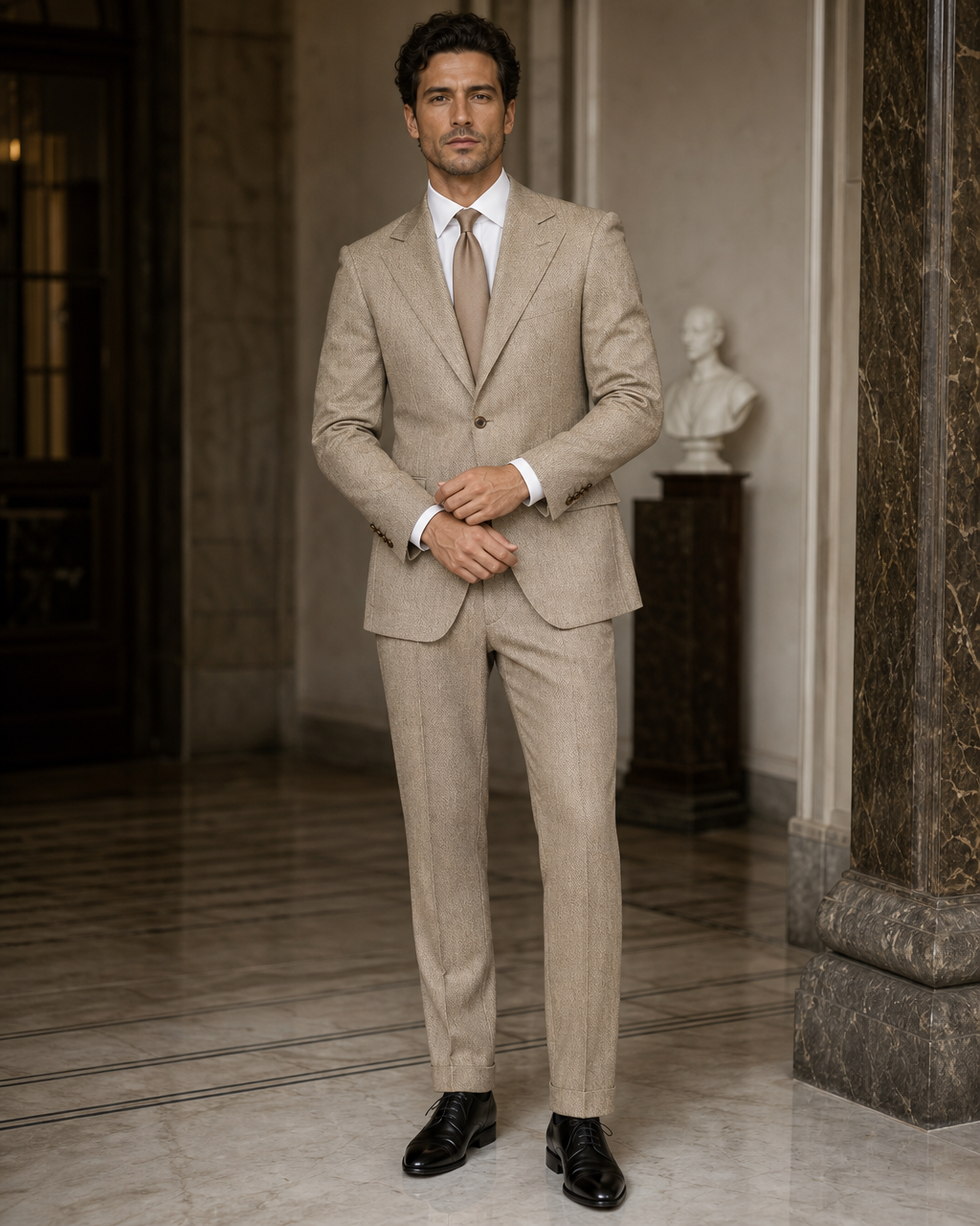 Desert Sand Herringbone Winter Suit - Custom Made to Measure front view