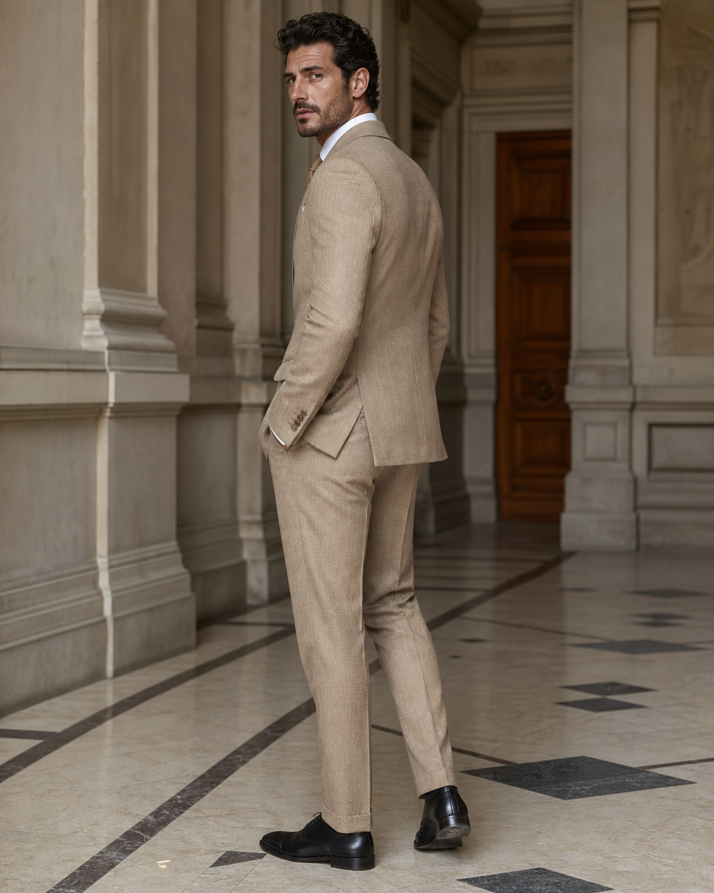 Desert Sand Herringbone Winter Suit - Custom Made to Measure side back view