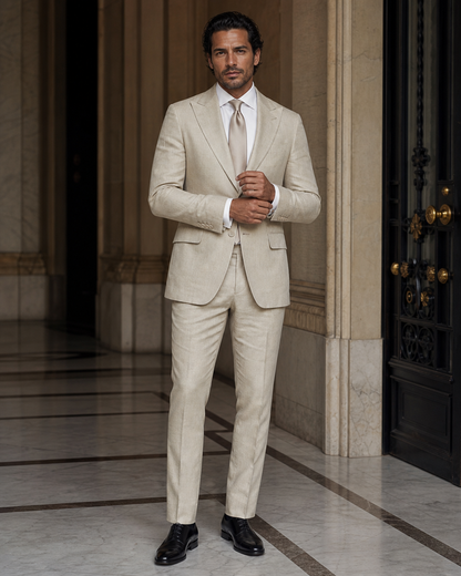 Desert Sand Linen Beach Wedding Suit - Custom Made to Measure front view