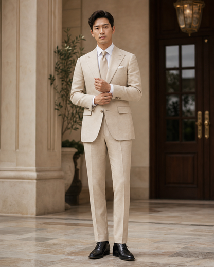 Desert Sand Linen Outdoor Wedding Suit - Custom Made to Measure front view