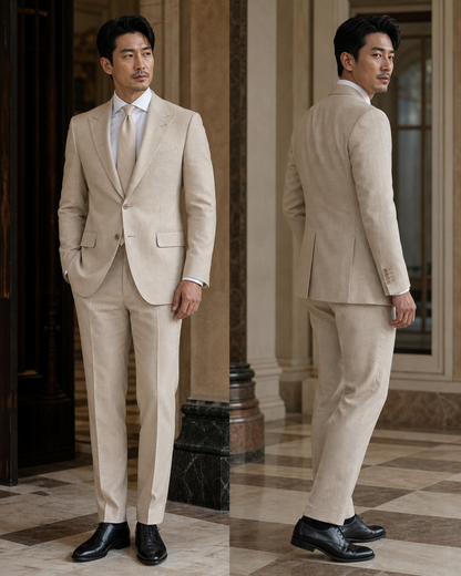 Desert Sand Linen Outdoor Wedding Suit - Custom Made to Measure side back view