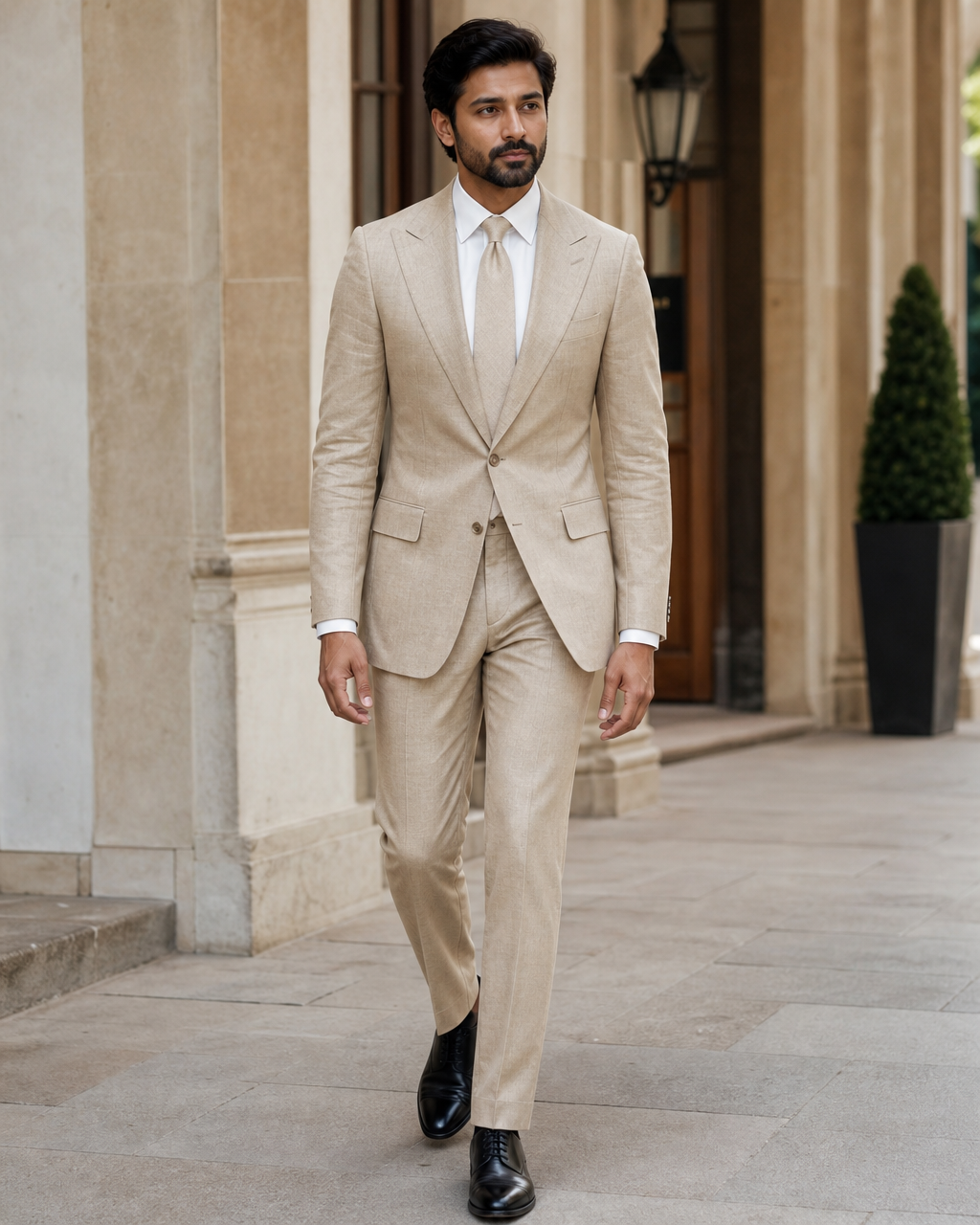 Desert Sand Linen Peak Lapel Suit — Custom Made to Measure