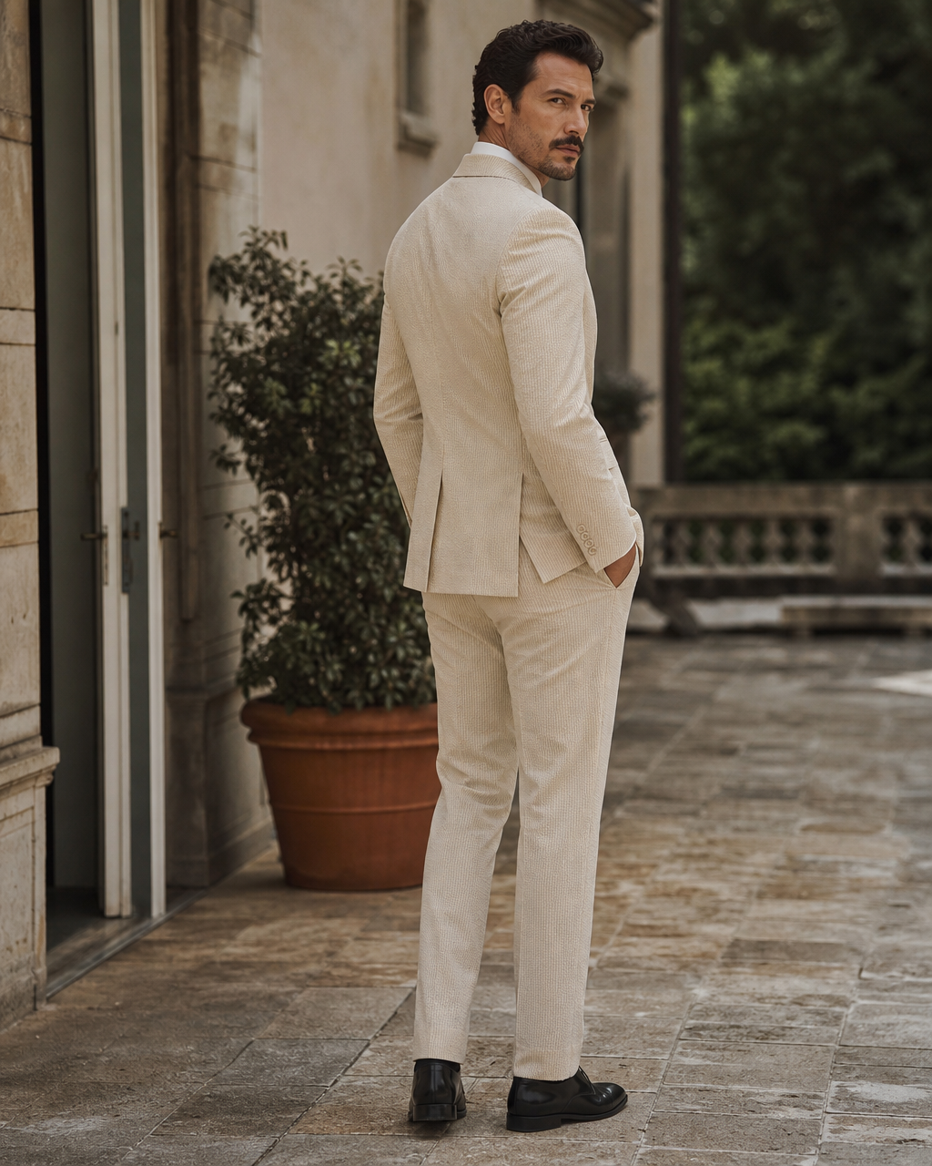 Desert Sand Seersucker Outdoor Wedding Suit — Custom Made to Measure side back view