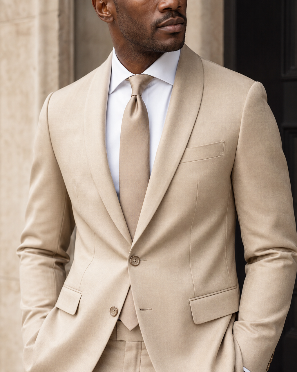 Desert Sand Silk Blend Shawl Lapel Suit - Custom Made to Measure lapel chest close up