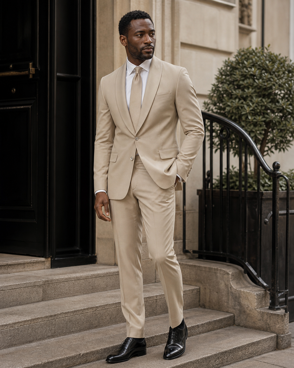 Desert Sand Silk Blend Shawl Lapel Suit - Custom Made to Measure side three quarter view