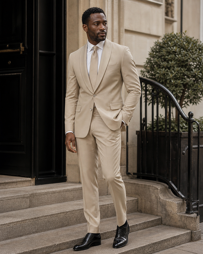 Desert Sand Silk Blend Shawl Lapel Suit - Custom Made to Measure side three quarter view