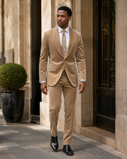 Desert Sand Velvet Shawl Lapel Suit - Custom Made to Measure front view