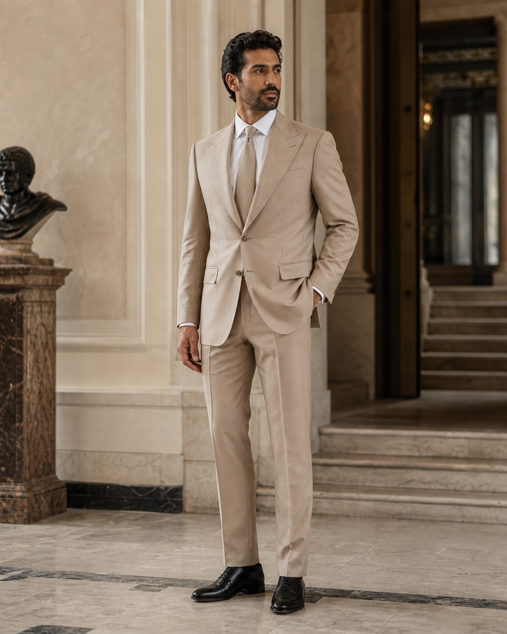 Desert Sand Wool Outdoor Wedding Suit - Custom Made to Measure side back view