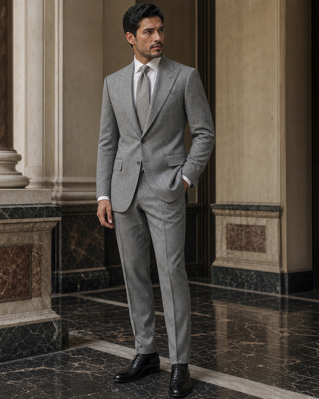 Dove Gray Herringbone Winter Suit - Custom Made to Measure side back view