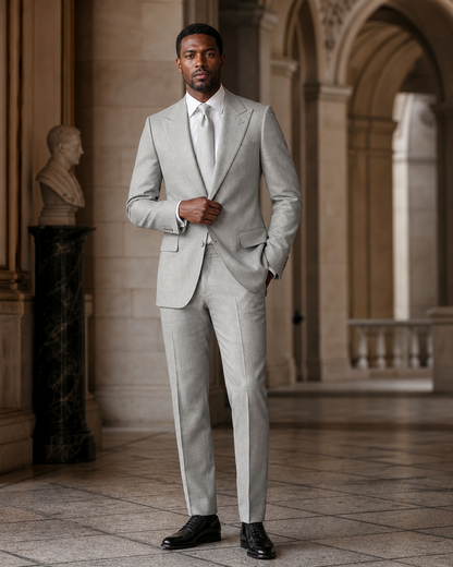 Dove Gray Linen Outdoor Wedding Suit - Custom Made to Measure front view