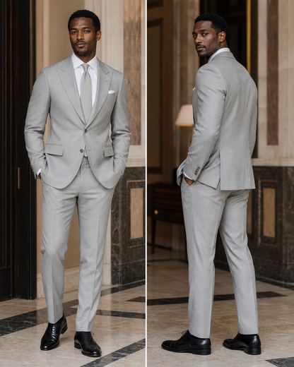 Dove Gray Linen Outdoor Wedding Suit - Custom Made to Measure side back view