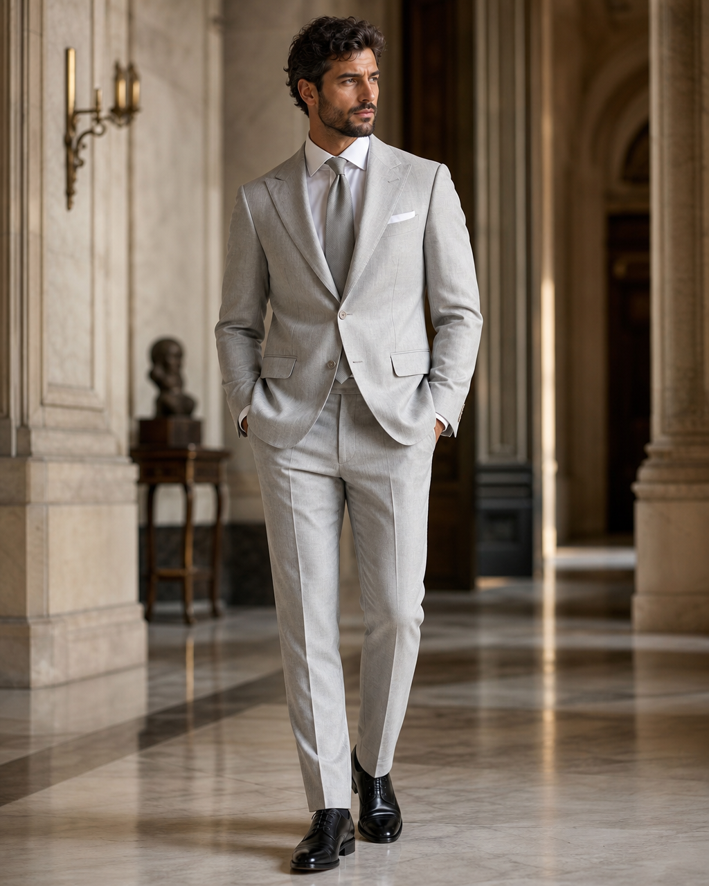 Dove Gray Linen Summer Suit - Custom Made to Measure side back view