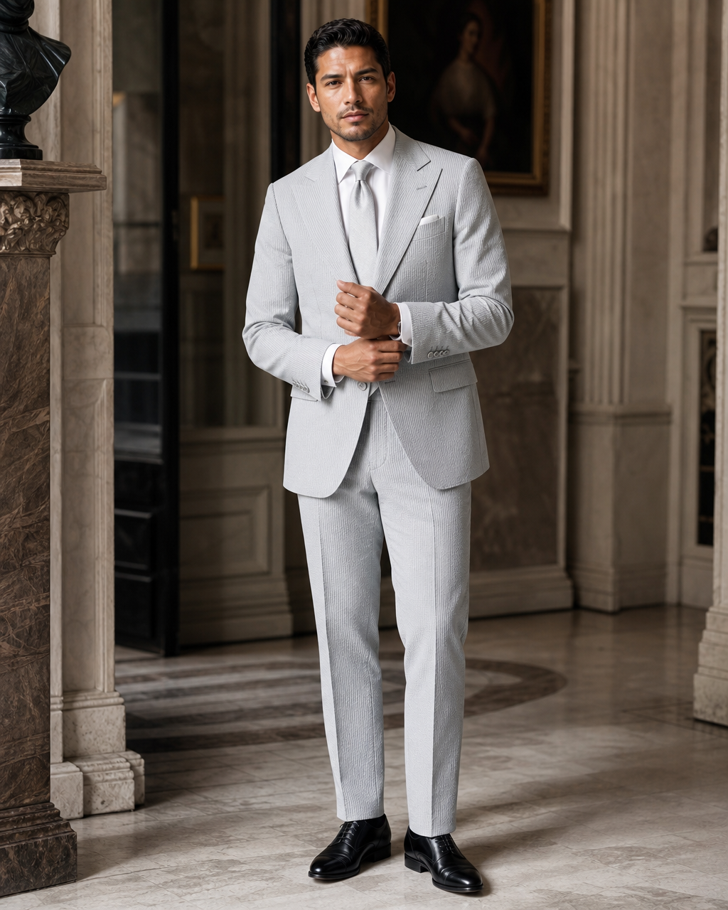 Dove Gray Seersucker Beach Wedding Suit - Custom Made to Measure front view