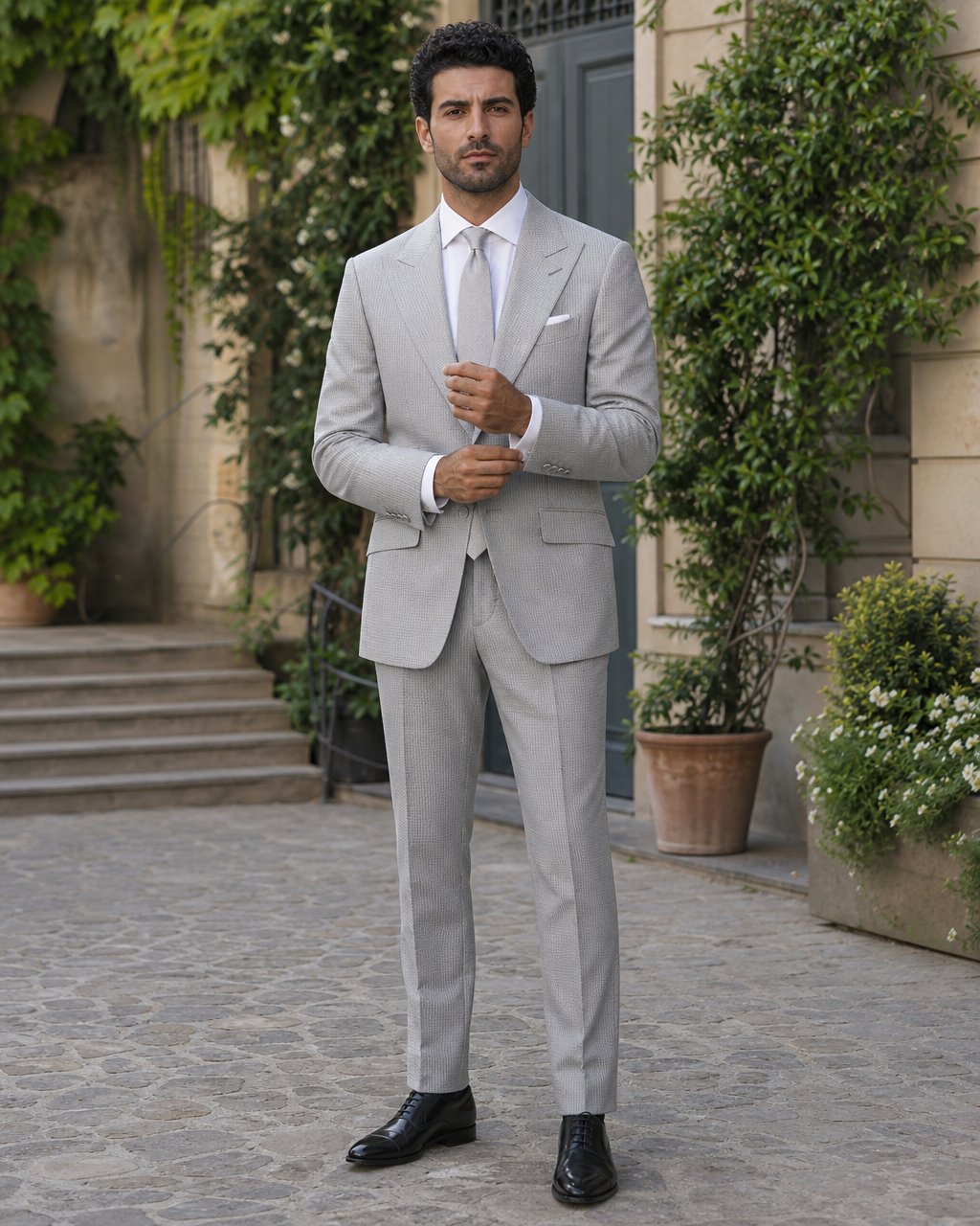 Dove Gray Seersucker Outdoor Wedding Suit — Custom Made to Measure front view