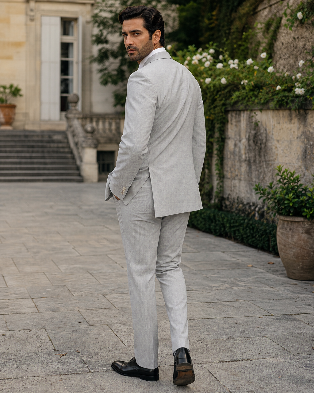 Dove Gray Seersucker Outdoor Wedding Suit — Custom Made to Measure side back view