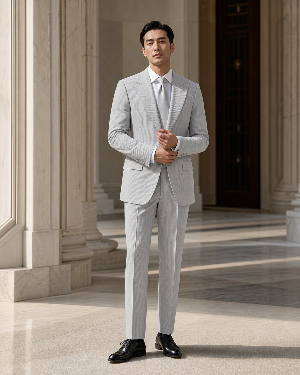 Dove Gray Seersucker Summer Suit - Custom Made to Measure front view