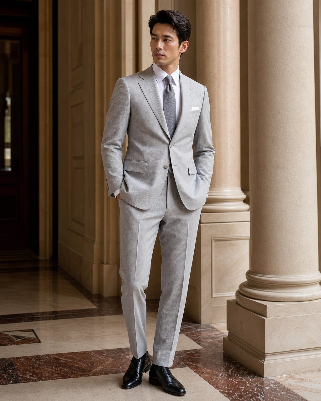 Dove Gray Seersucker Summer Suit - Custom Made to Measure side back view