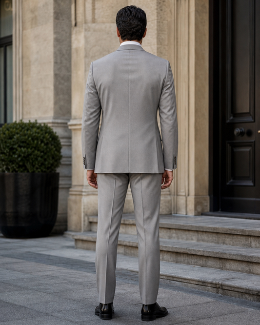 Dove Gray Silk Blend Peak Lapel Suit - Custom Made to Measure back view