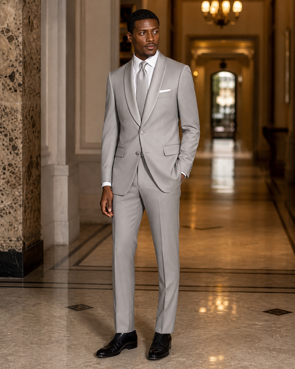 Dove Gray Silk Blend Shawl Lapel Suit - Custom Made to Measure side back view