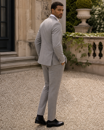 Dove Gray Wool Outdoor Wedding Suit — Custom Made to Measure side back view