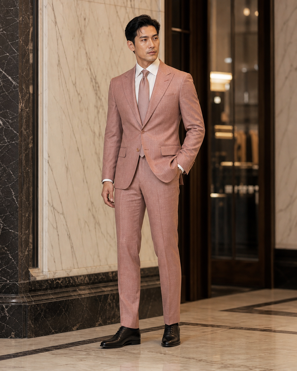 Dusty Rose Linen Outdoor Wedding Suit - Custom Made to Measure side back view
