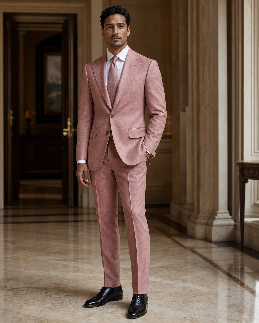 Dusty Rose Linen Summer Suit - Custom Made to Measure side back view