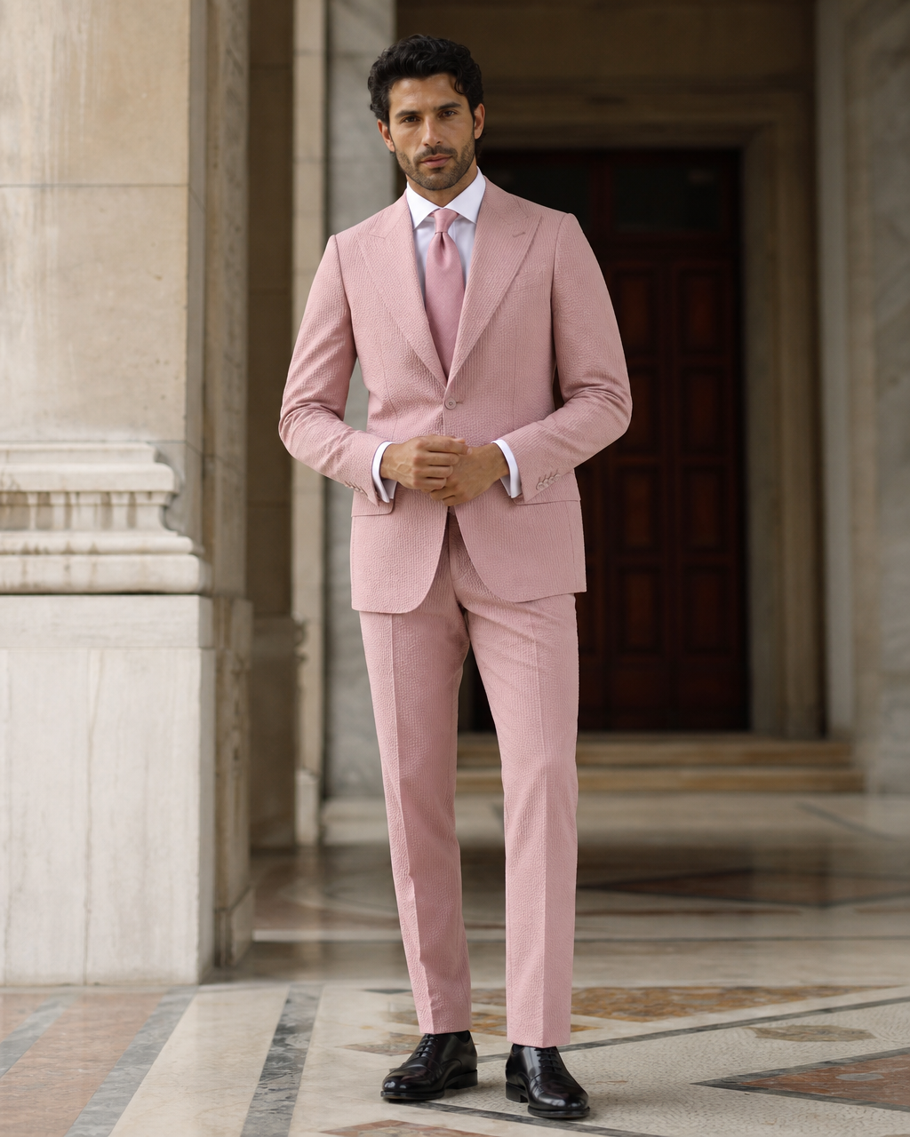 Dusty Rose Seersucker Beach Wedding Suit - Custom Made to Measure front view