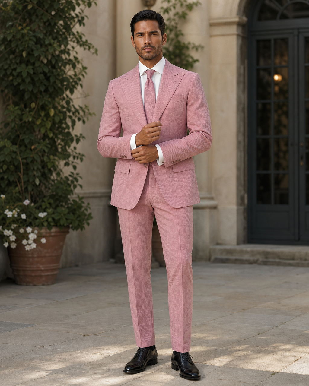 Dusty Rose Seersucker Outdoor Wedding Suit — Custom Made to Measure front view