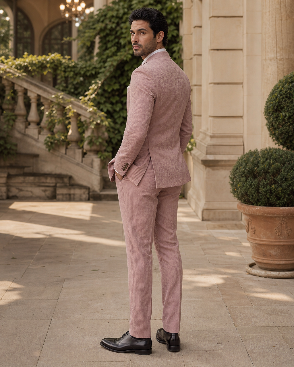 Dusty Rose Seersucker Outdoor Wedding Suit — Custom Made to Measure side back view