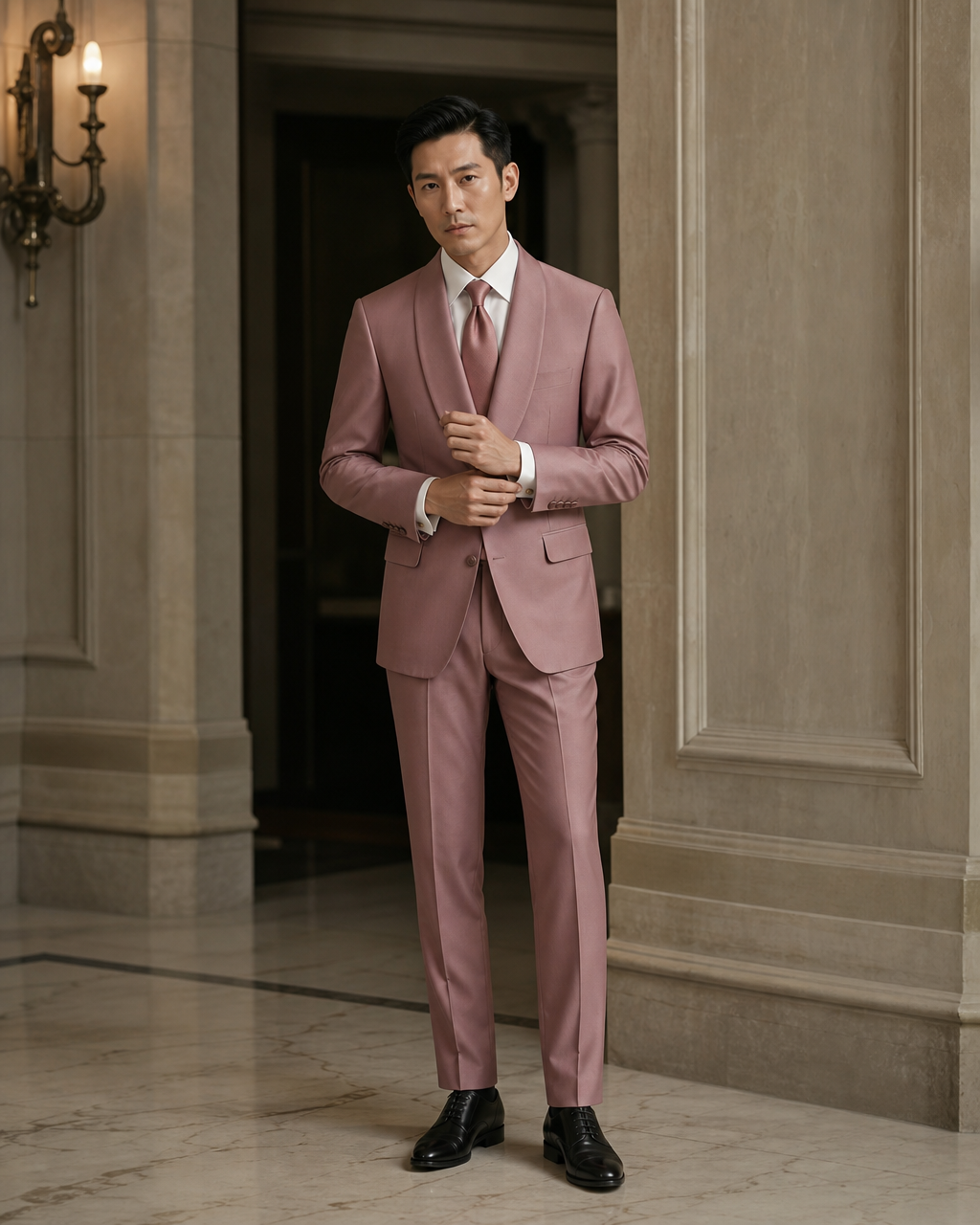 Dusty Rose Silk Blend Shawl Lapel Suit - Custom Made to Measure front view