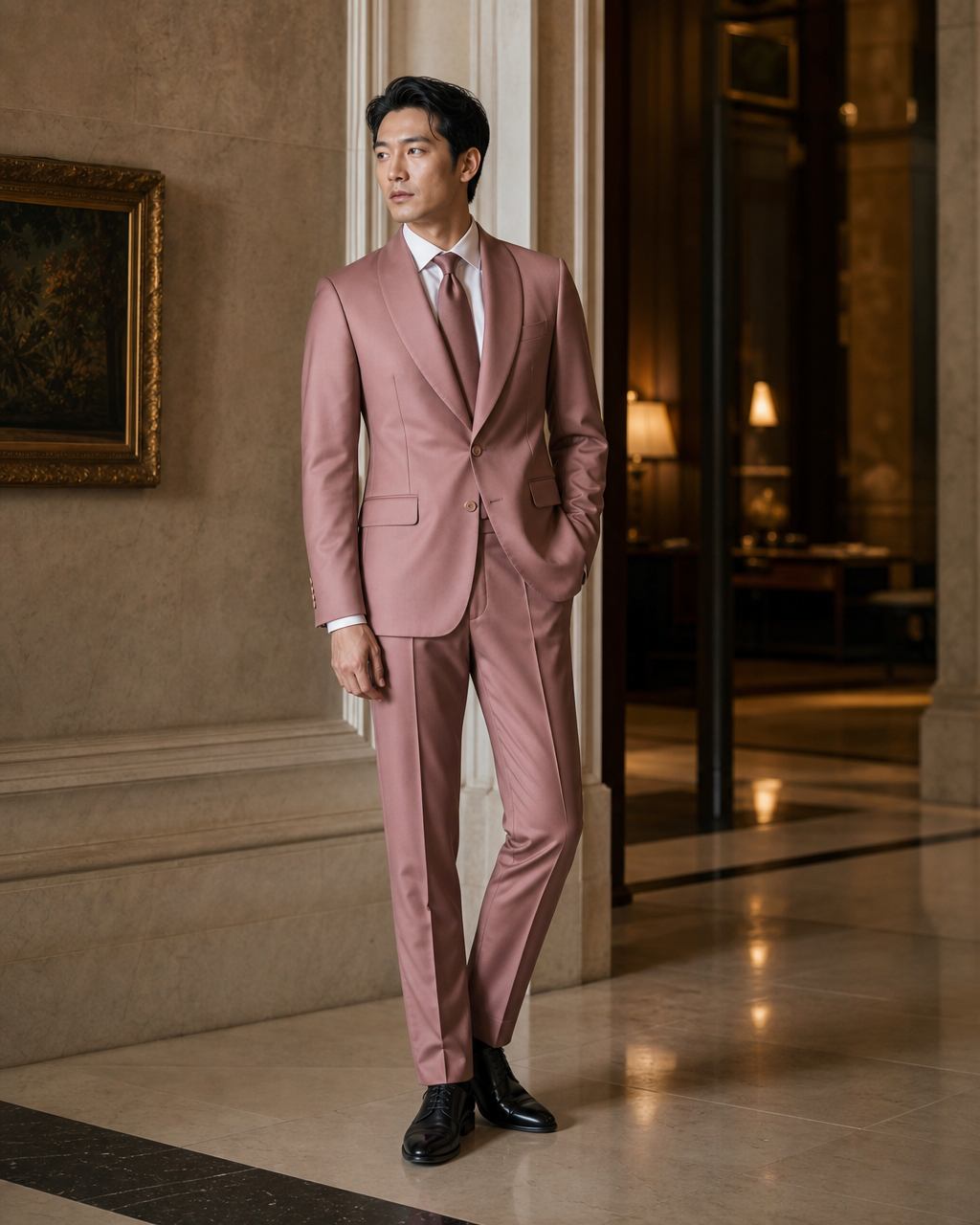 Dusty Rose Silk Blend Shawl Lapel Suit - Custom Made to Measure side back view