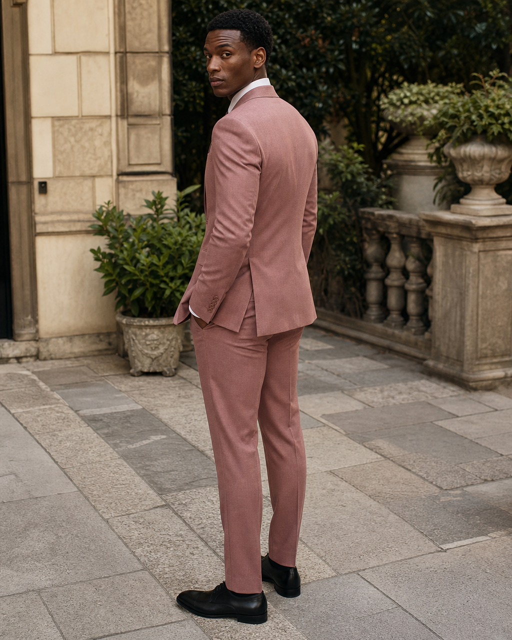 Dusty Rose Wool Outdoor Wedding Suit — Custom Made to Measure side back view