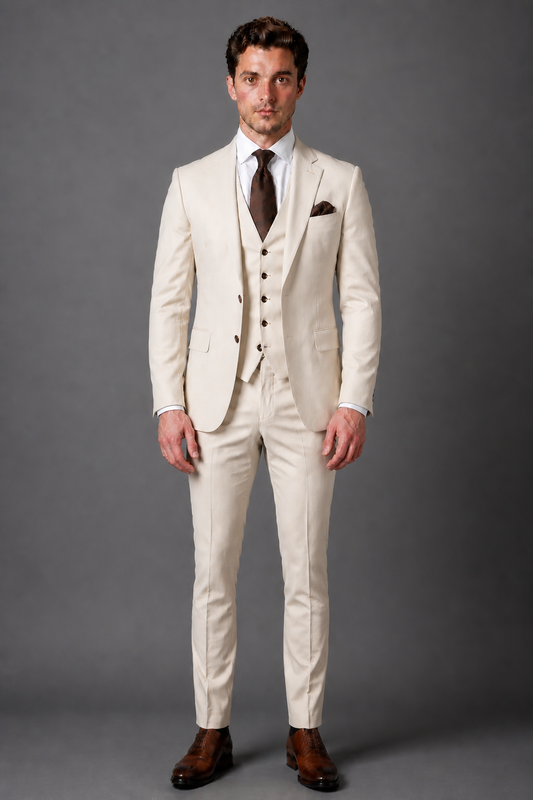 Ecru Wool Slim Fit Suit — Custom Made to Measure