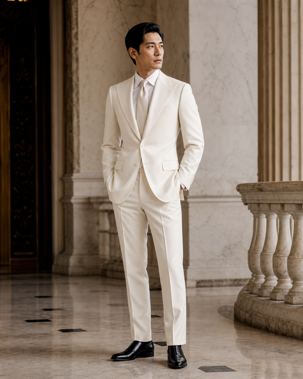 Ecru Cotton Outdoor Wedding Suit - Custom Made to Measure side back view