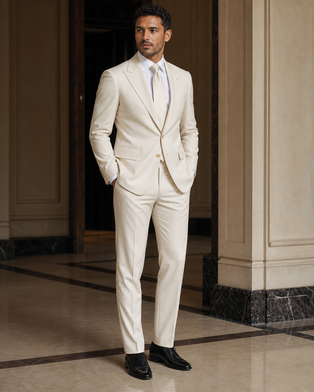 Ecru Cotton Summer Suit - Custom Made to Measure side back view