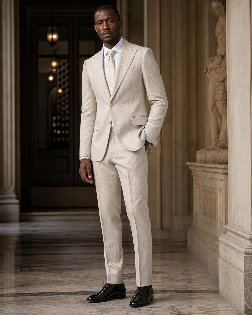 Ecru Herringbone Winter Suit - Custom Made to Measure side back view