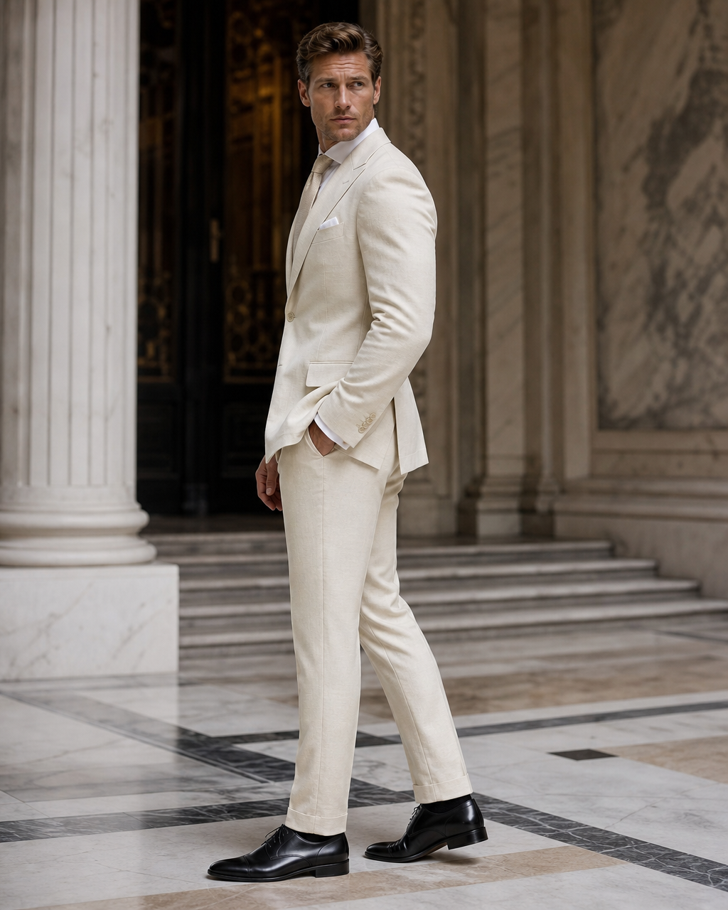 Ecru Linen Beach Wedding Suit - Custom Made to Measure side back view