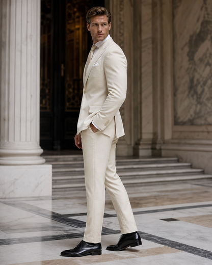 Ecru Linen Beach Wedding Suit - Custom Made to Measure side back view