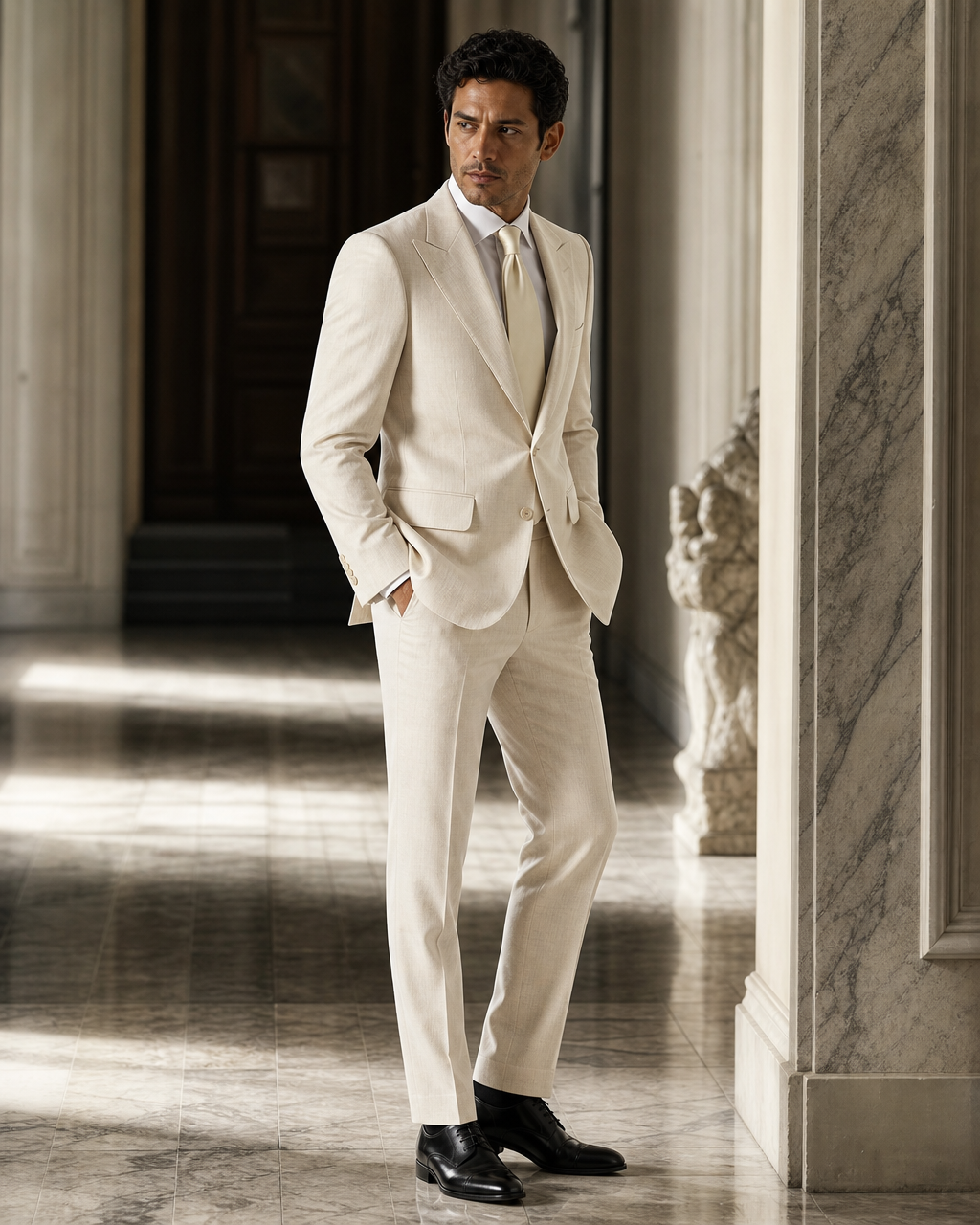 Ecru Linen Outdoor Wedding Suit - Custom Made to Measure side back view